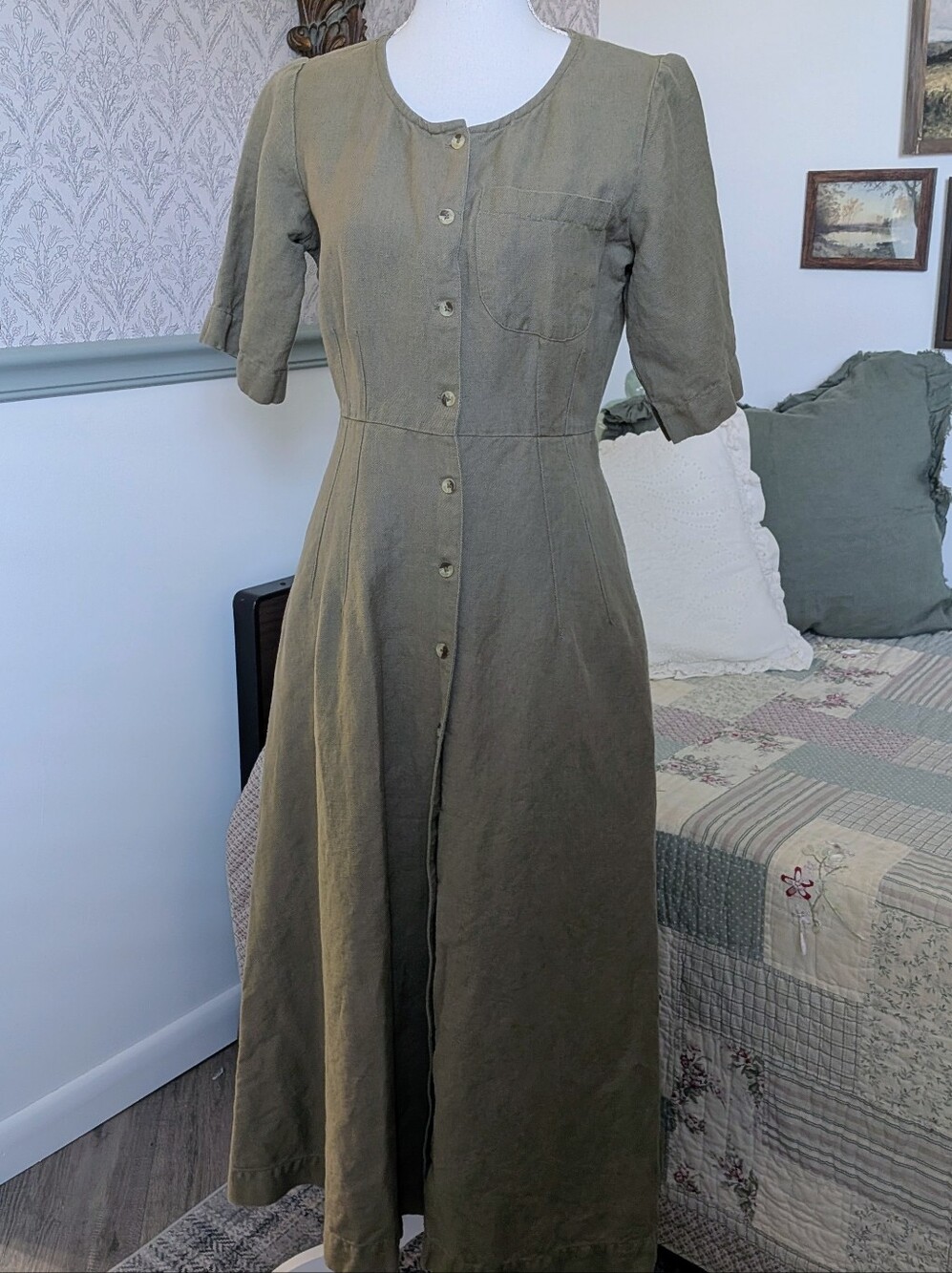 ABLE Sierra Utility Olive Cotton Linen Button Front Midi Dress Size S
